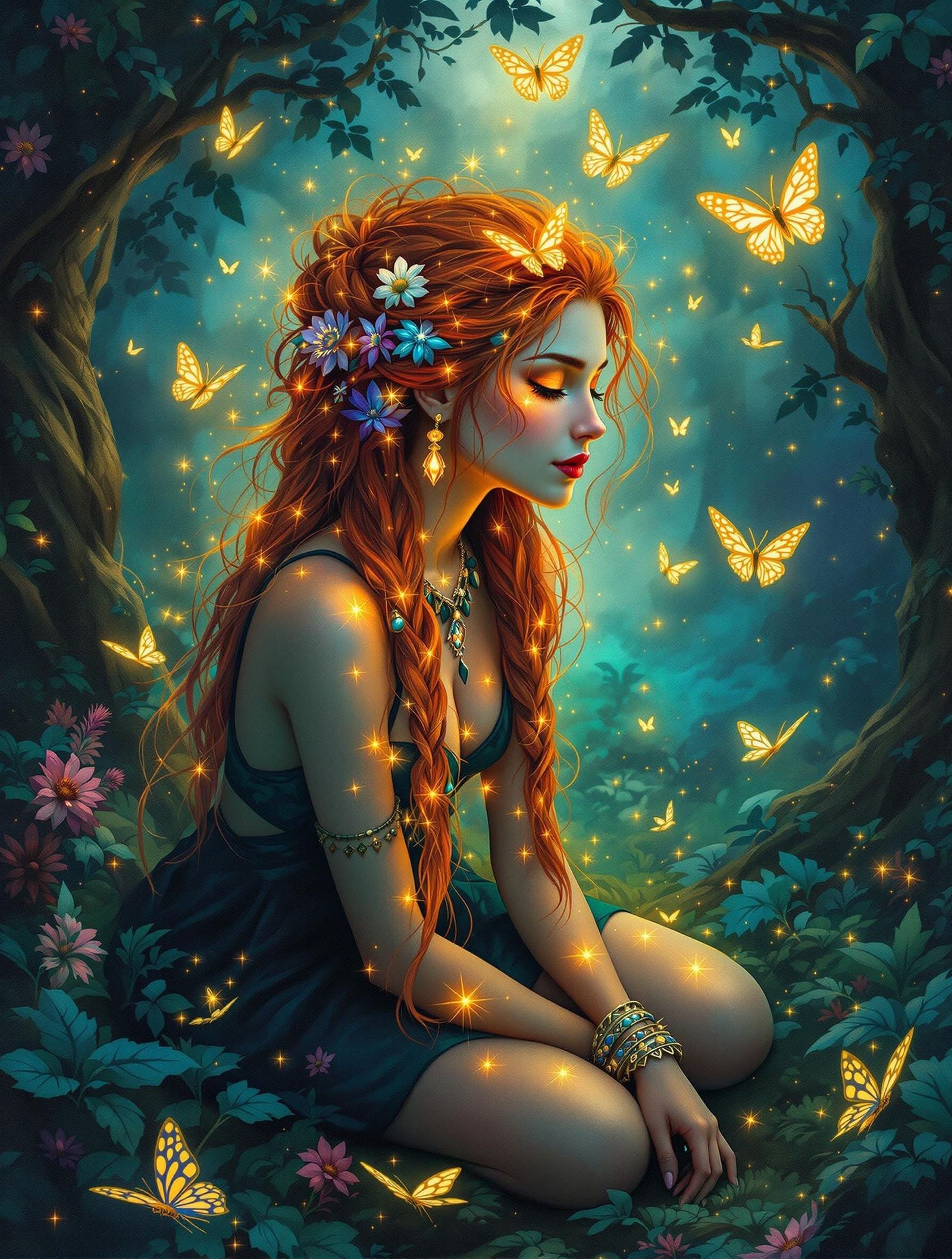 Fiery-Haired Forest Witch in a Glowing Glade