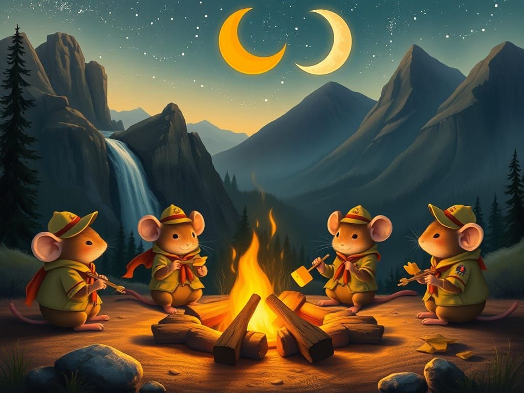 Whimsical Mice Gather 'Round a Campfire in the Mountains