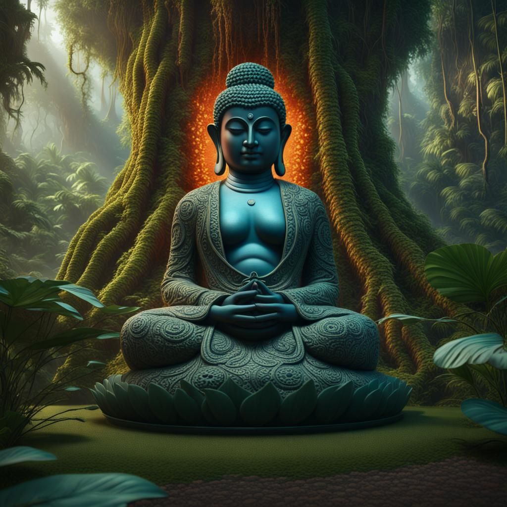 Crochet Indian Buddha in Overgrown Jungle