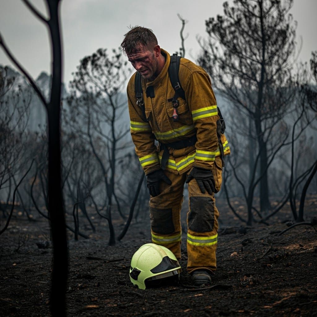 Exhausted Firefighter in Burned Forest: Photojournalism