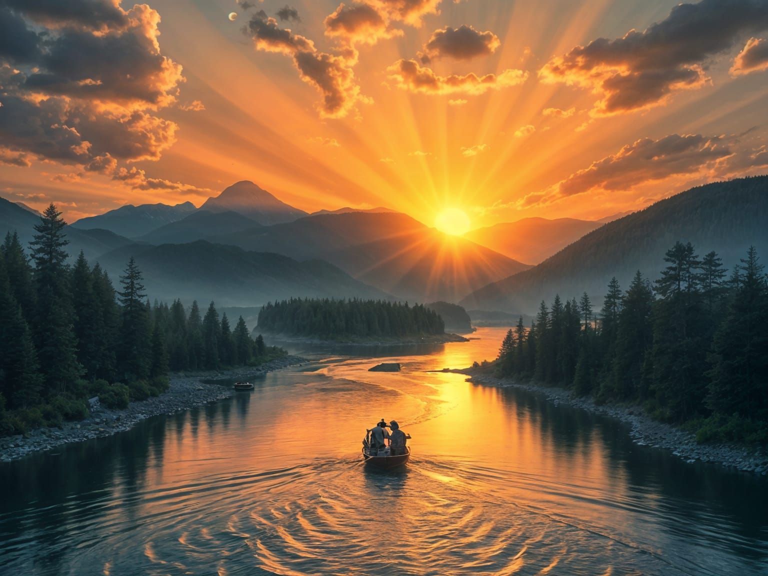 Ethereal Sunset River Landscape with Lovers