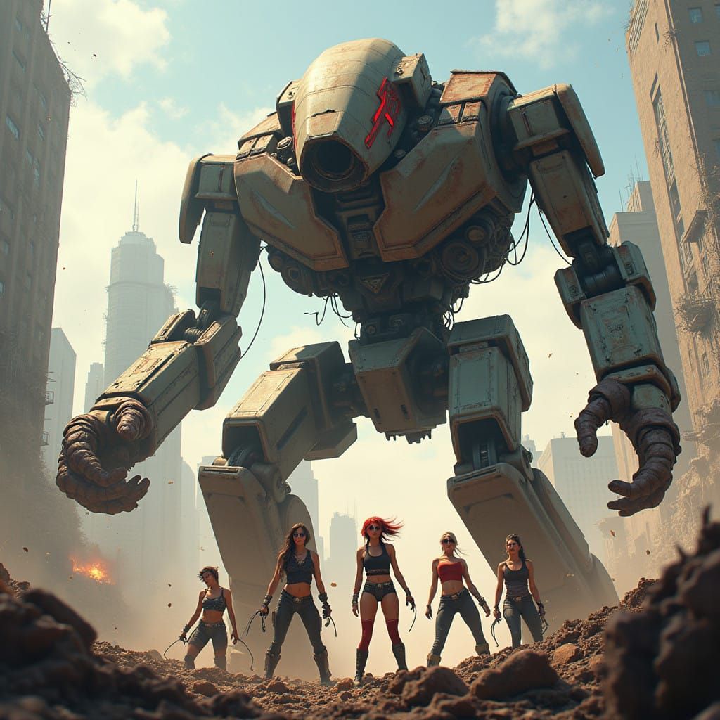 Mechanized Terminatrix Pinned by Heroines in Dystopian Citys...