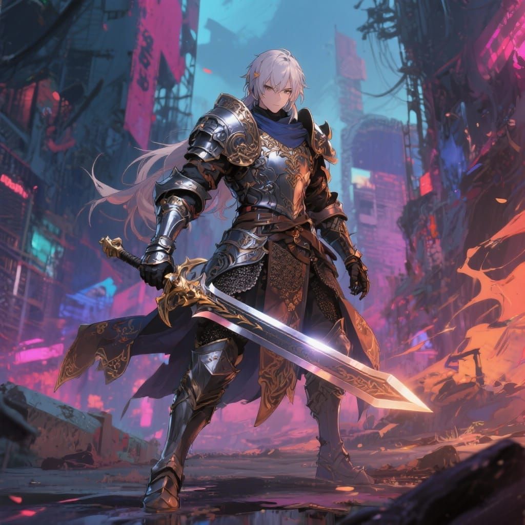 Anime Warrior in Dystopian Landscape