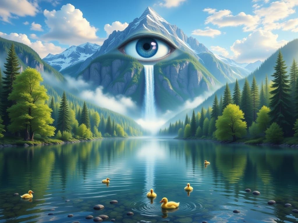 Mountain with Eyes and Waterfall Lake, Ducklings Swim