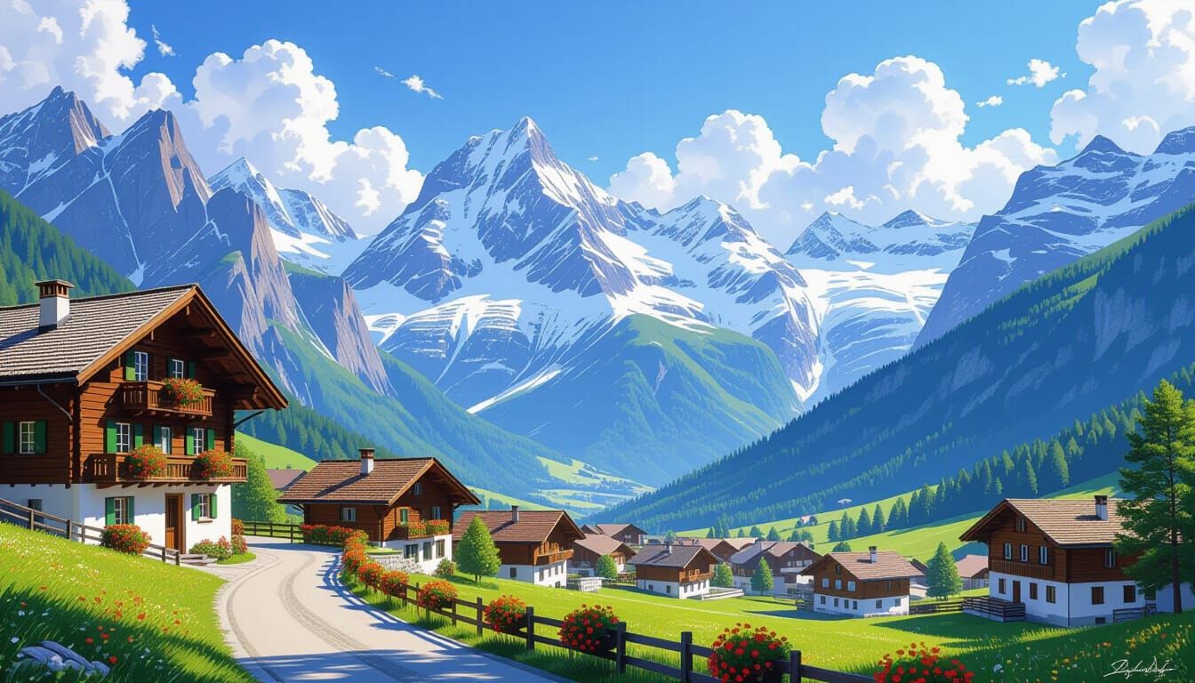 Majestic Swiss Alps Village in Luminous Oil Painting Style