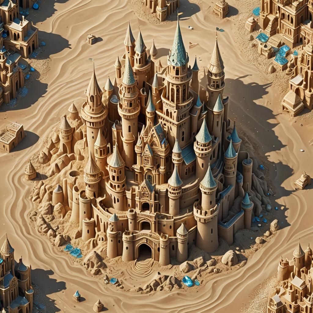 Golden Sandcastle with Floating Crystals: 3D Digital Art
