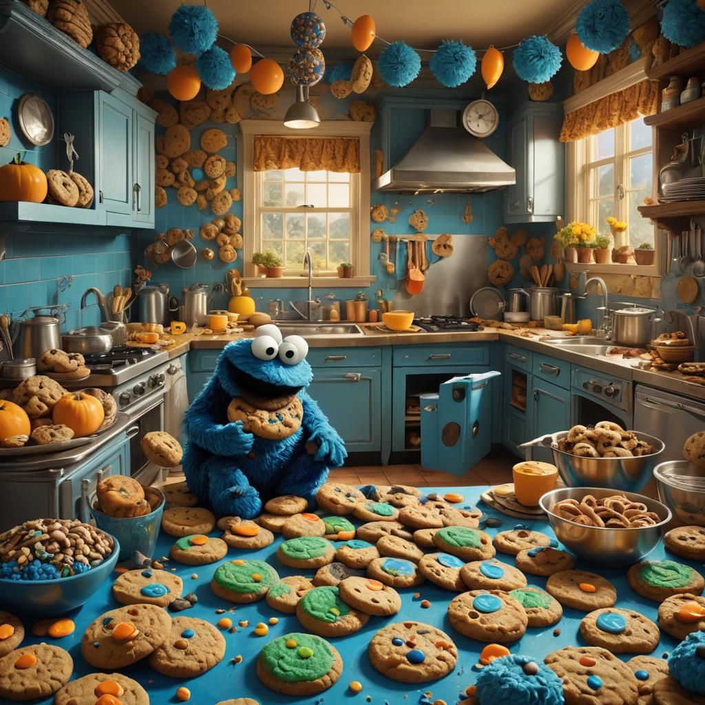 Cookie Monster in a Fantastical Kitchen