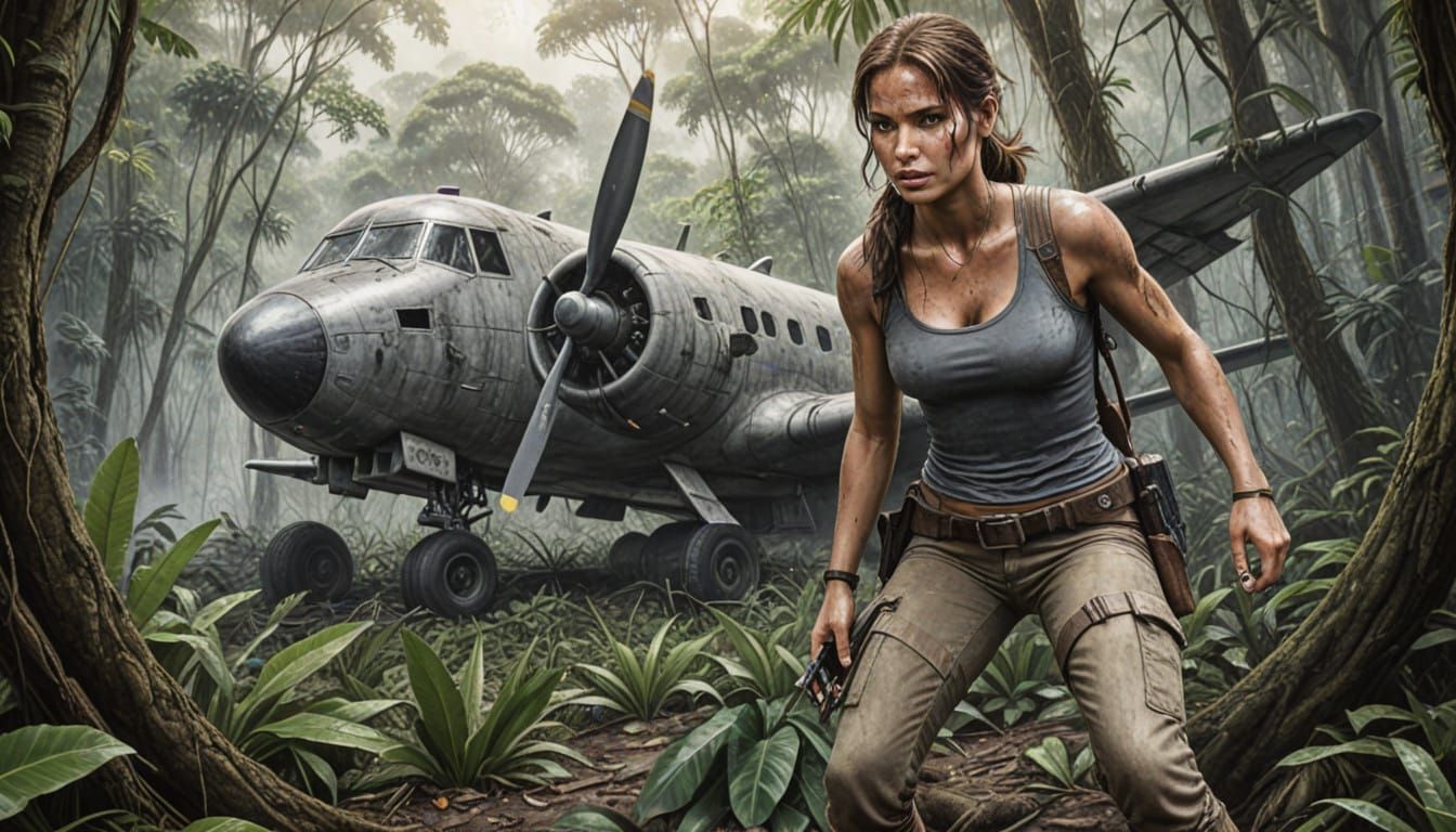 Tomb Raider in a Jungle Ruin, with a Wrecked Plane Beyond