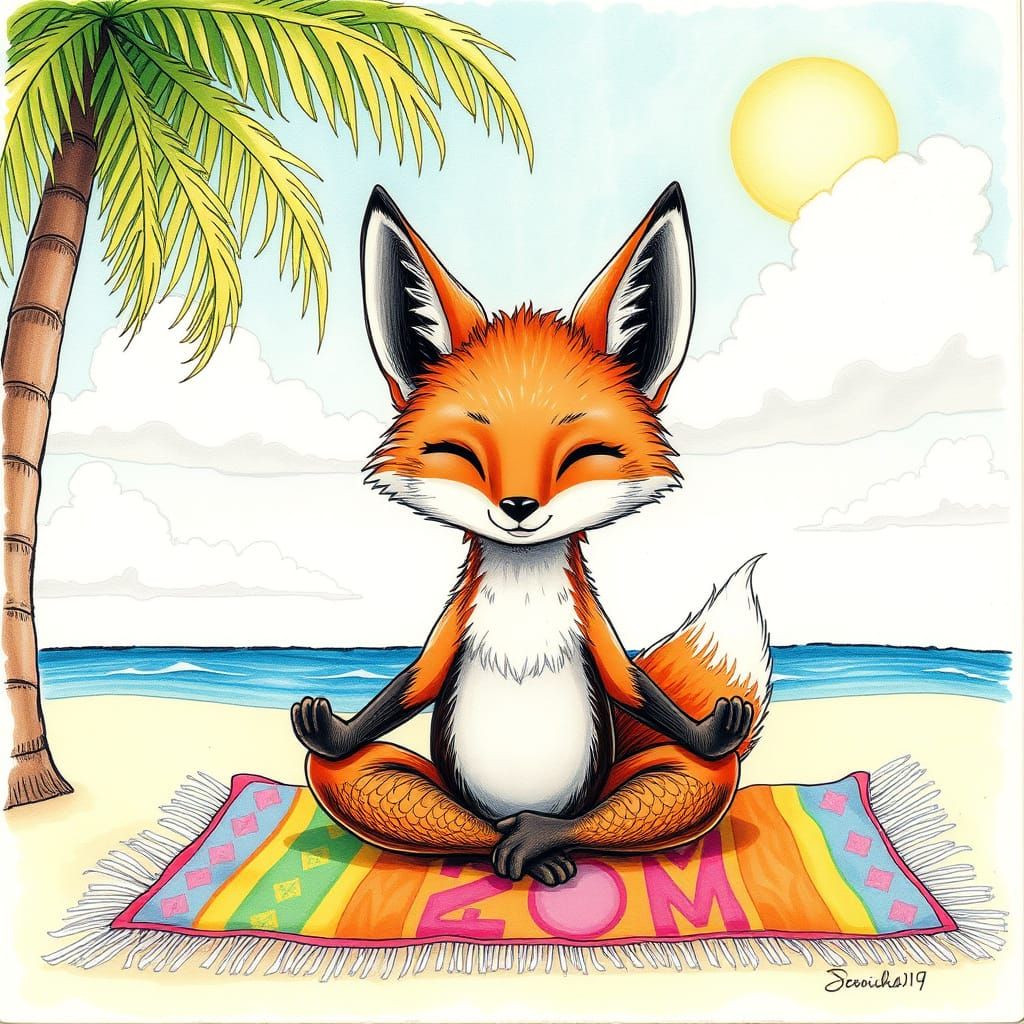 Meditating Fox on Beach in Dreamy Style