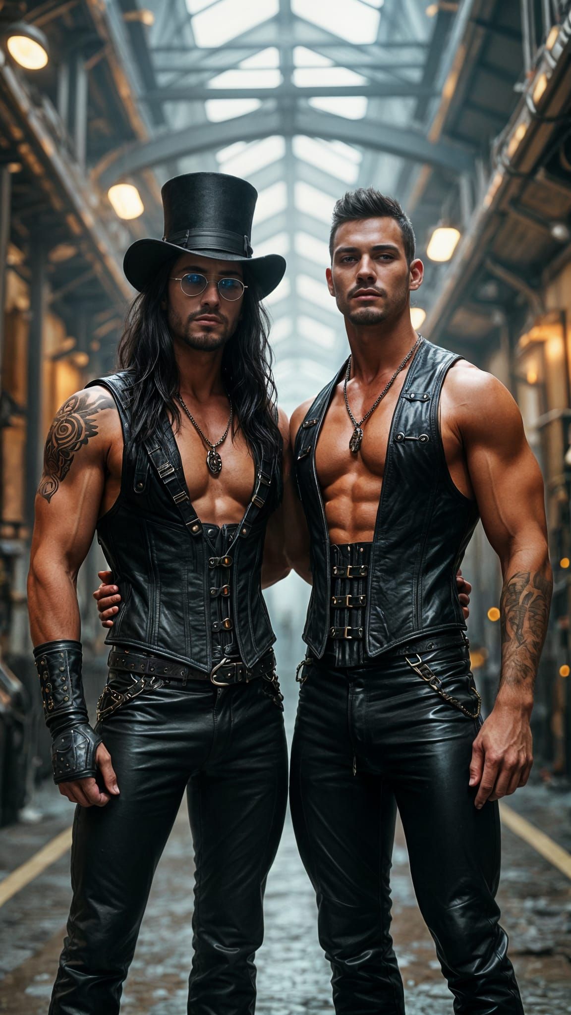 Elegant Steampunk Gentlemen Amidst Industrial Splendor