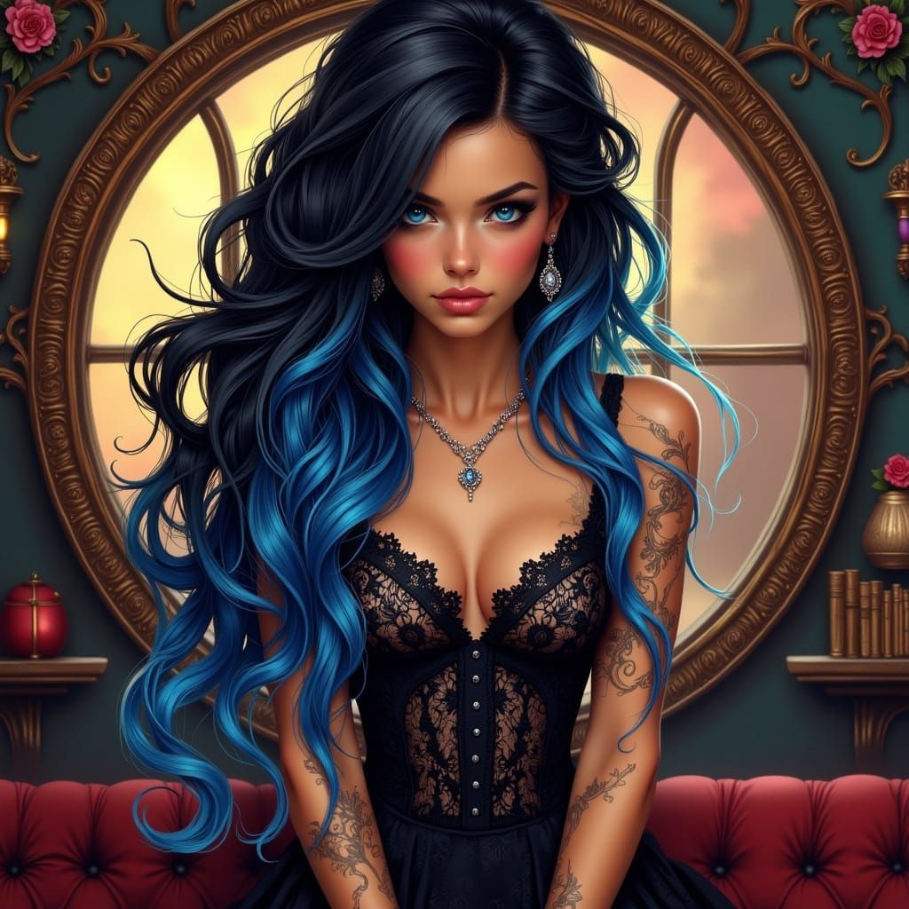 Sultry Rockabilly Pin-Up in Vibrant Blue Ombre Hair