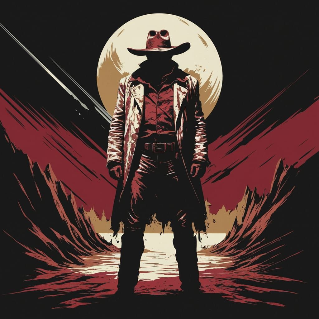 Gothic Figure in Moonlit Desert Landscape, Western-Style Lit...