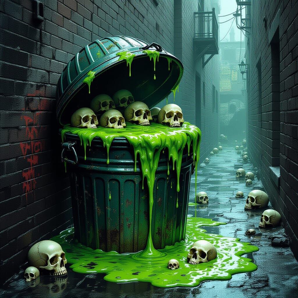 Ominous Slime-Filled Garbage Can in Dark Alleyway