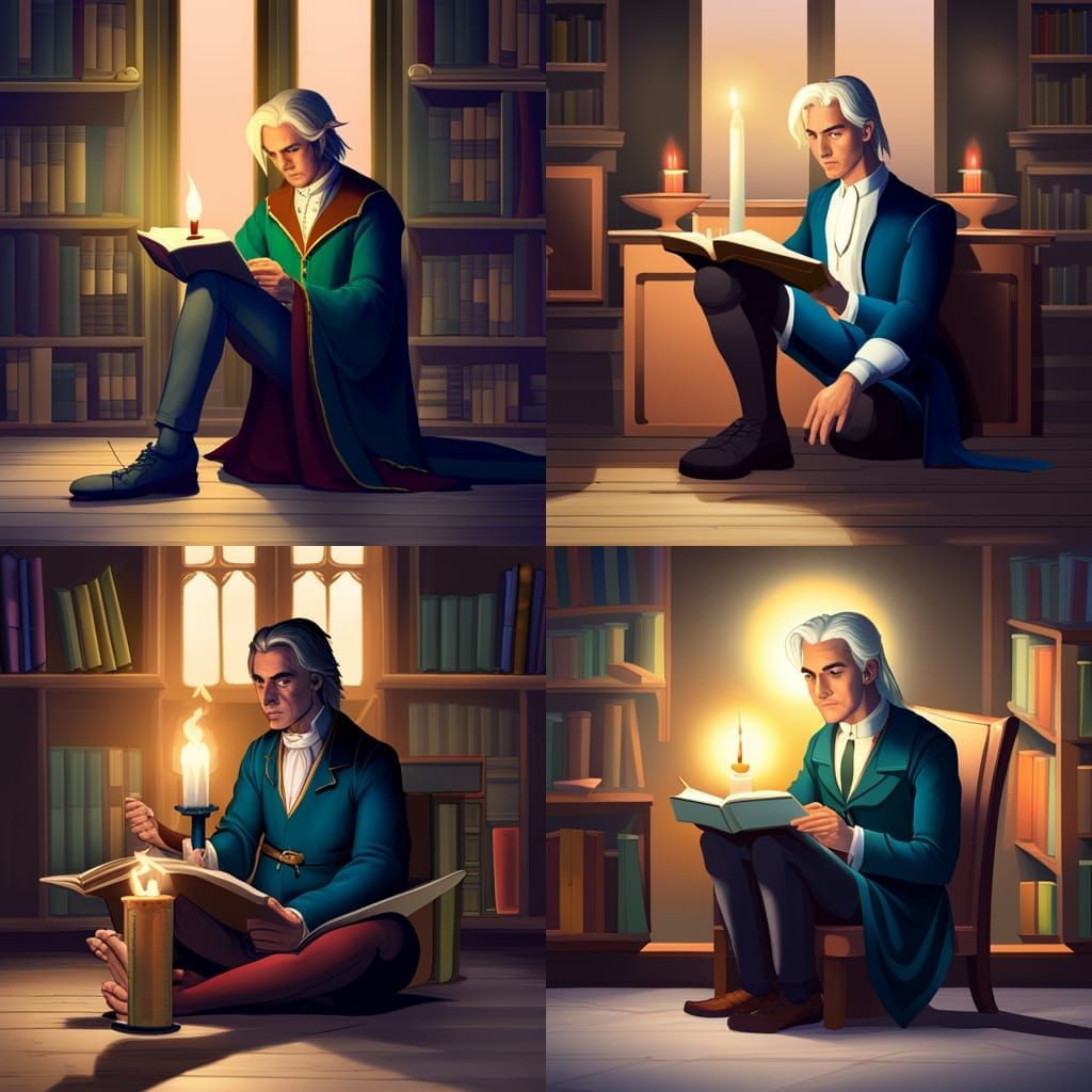 Elven Man Reading in Library, Dark Fantasy Concept Art