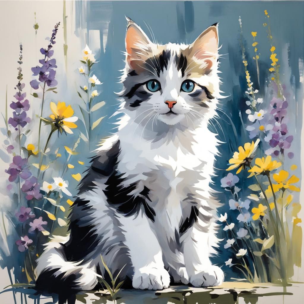 Kitten in Wildflowers: Modern Ink Painting