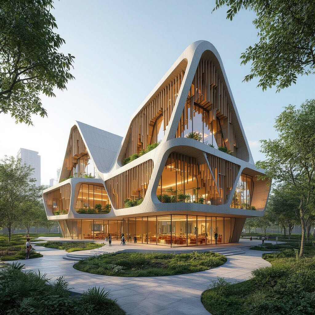 Futuristic 3D School Design with Timber Fins