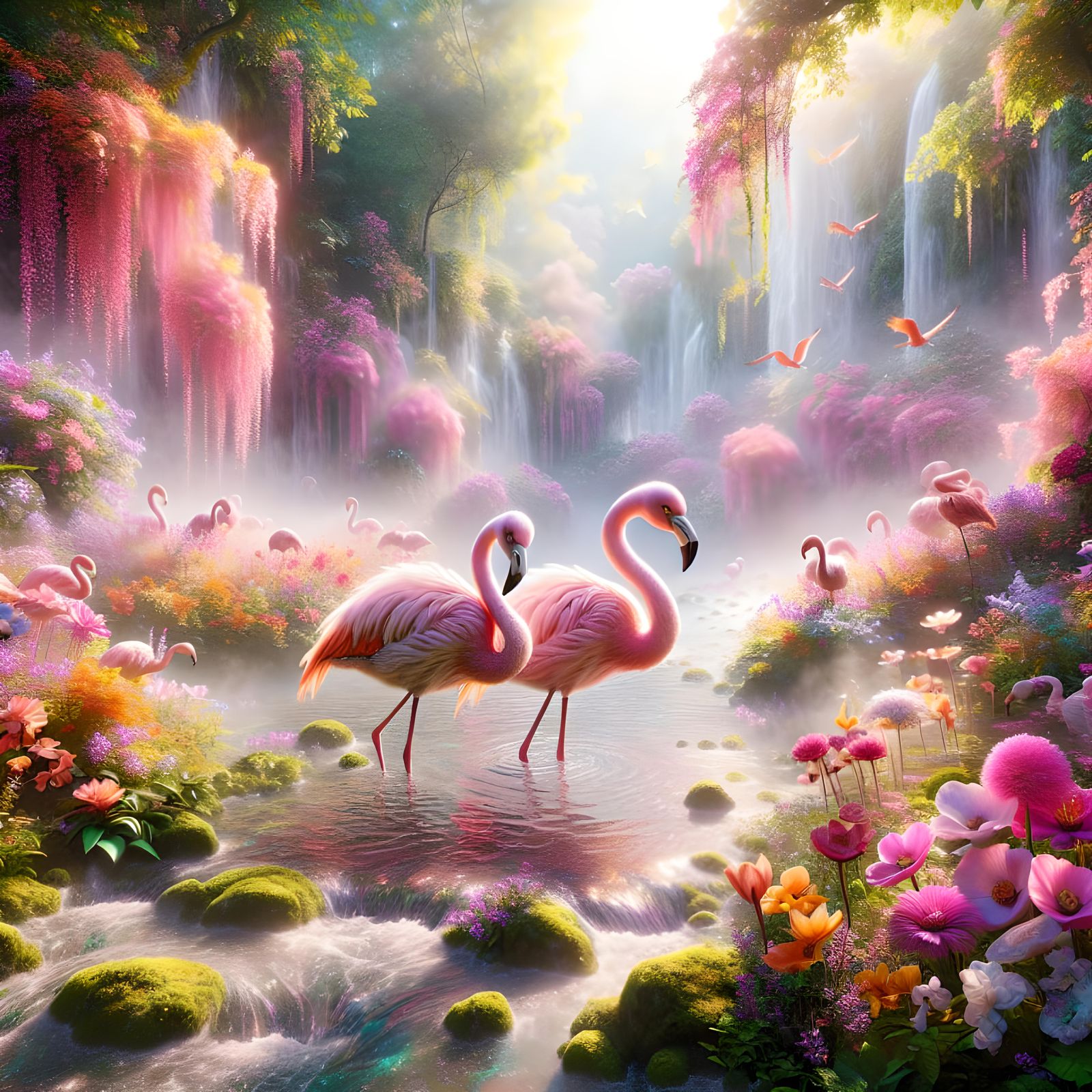 Pink Flamingos in Magical Flower Stream