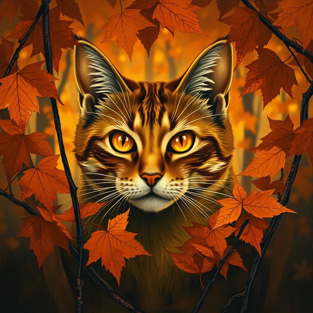 Mystical Autumn Cat with Glowing Eyes