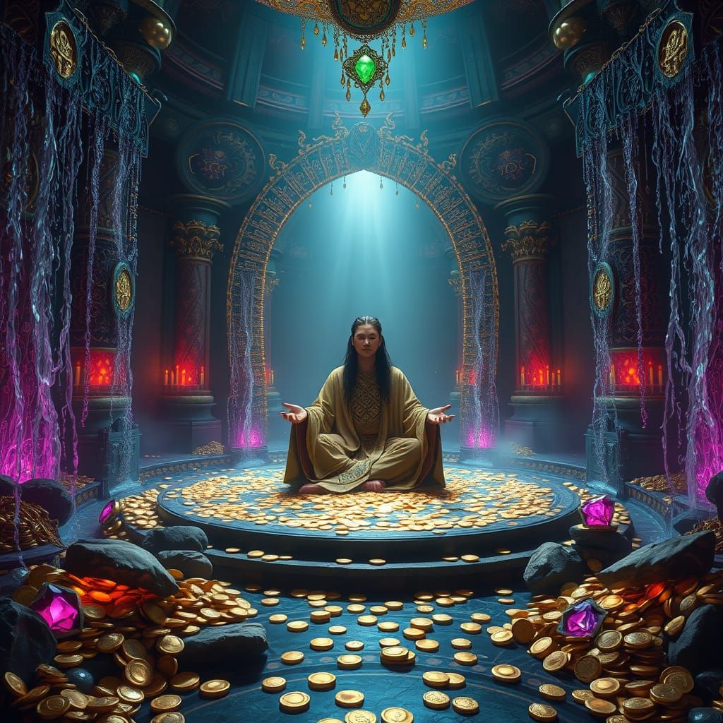 Serene Figure in Opulent Gem Chamber with Gold Waterfalls