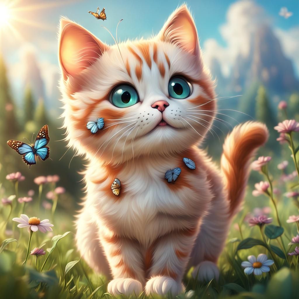 Cute Cat with Butterfly in Pixar Style