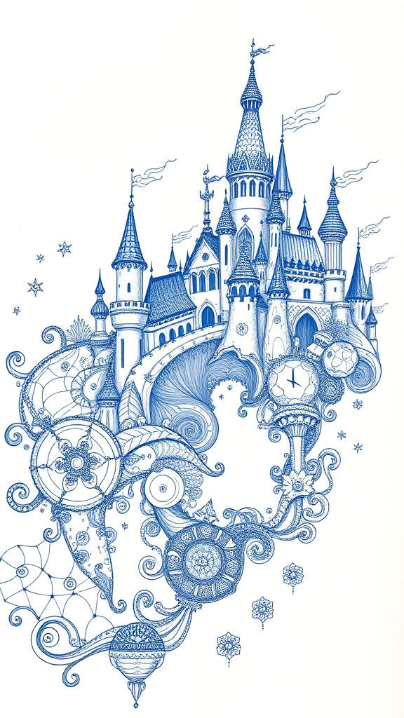 Detailed Blue Ink Doodle of Fantasy Kingdom