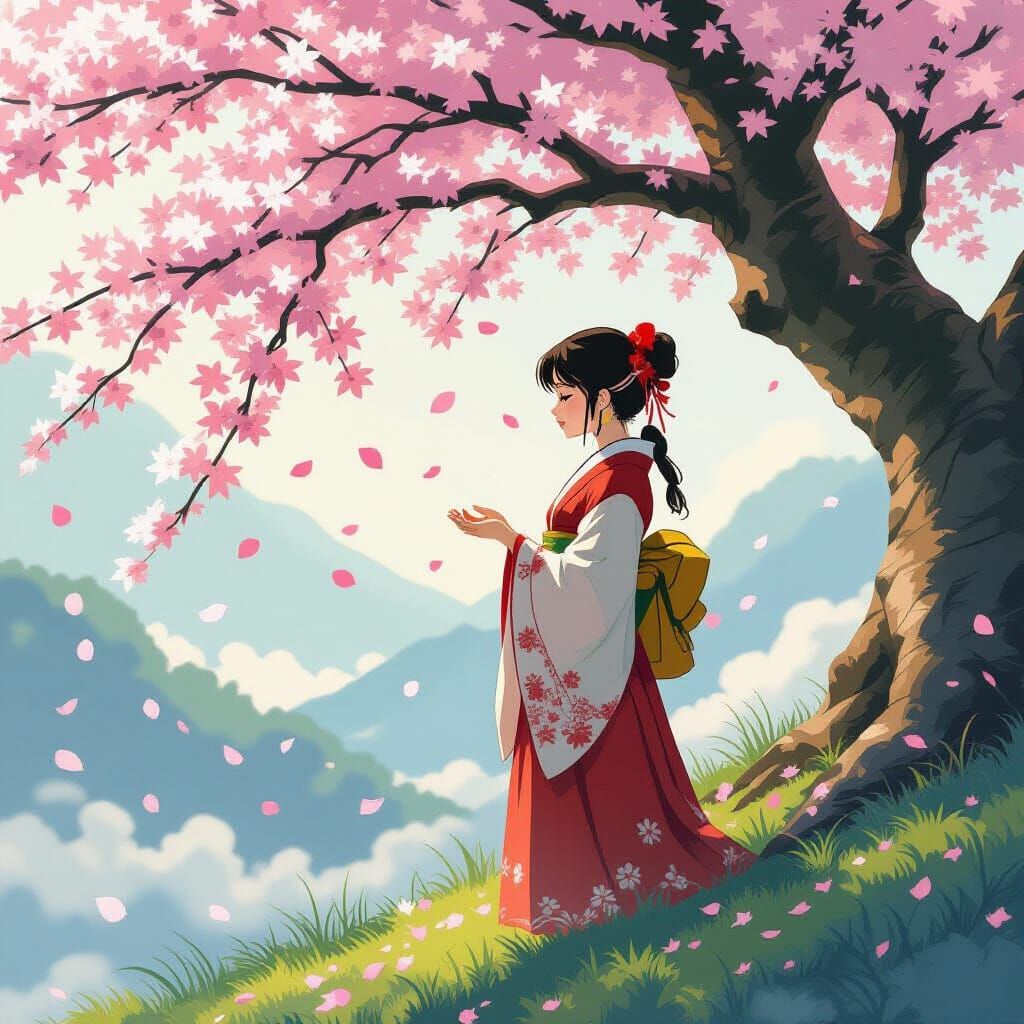 Woman Under Cherry Tree: Romantic Anime Landscape