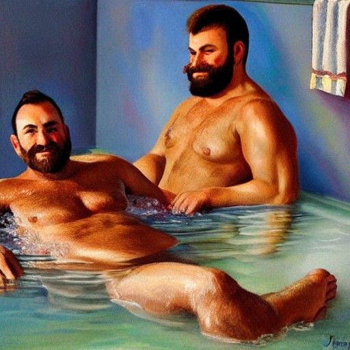 Oily Men in Bathtub, Oil Painting