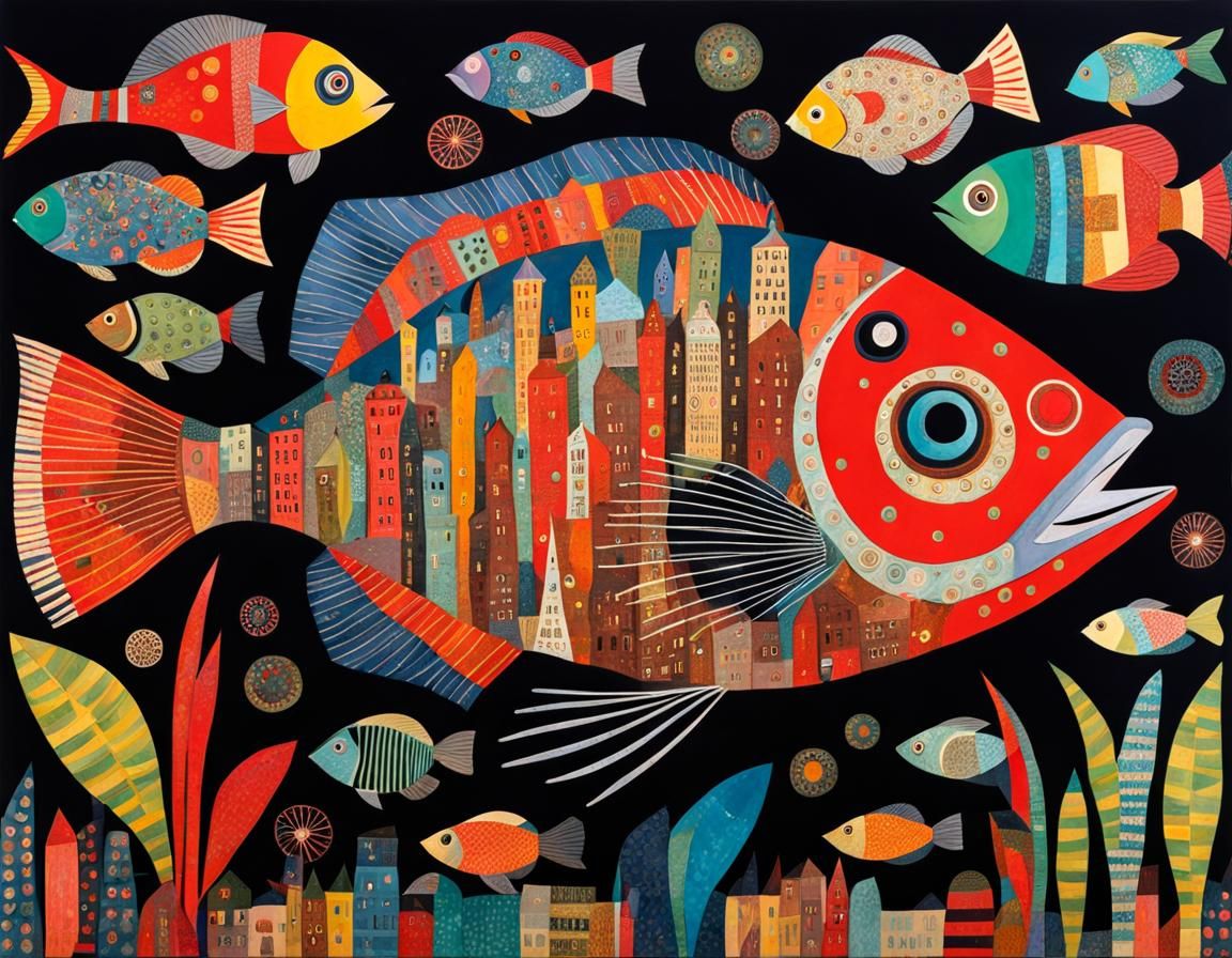 Whimsical Fish Circus Collage Art