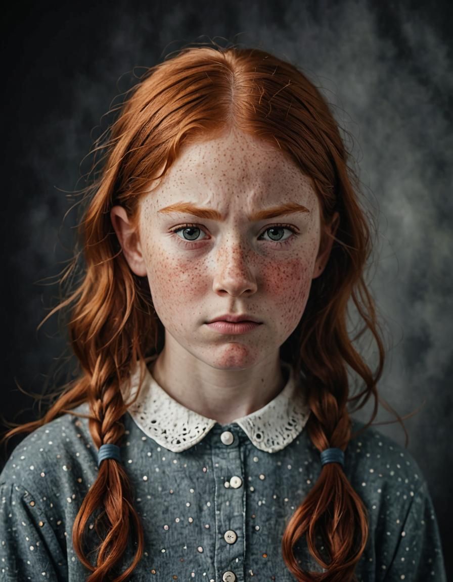 Annoyed Redhead Girl Portrait with Freckles