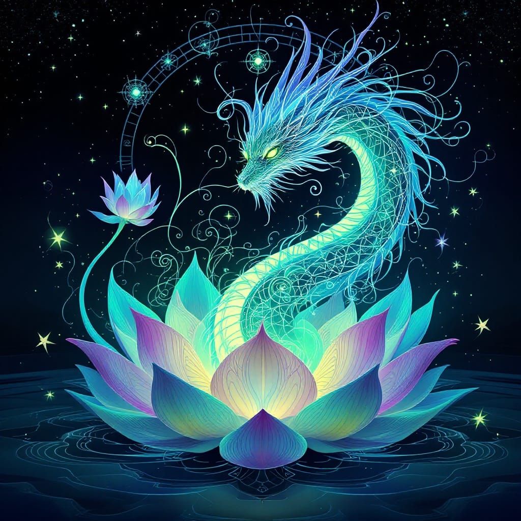 Ethereal Bioluminescent Dragon Spirit Emerges from Lotus