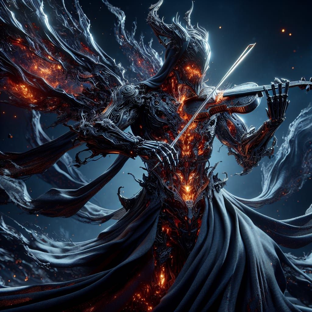 Robot Devil with Ash Cloak Playing Violin in Battle