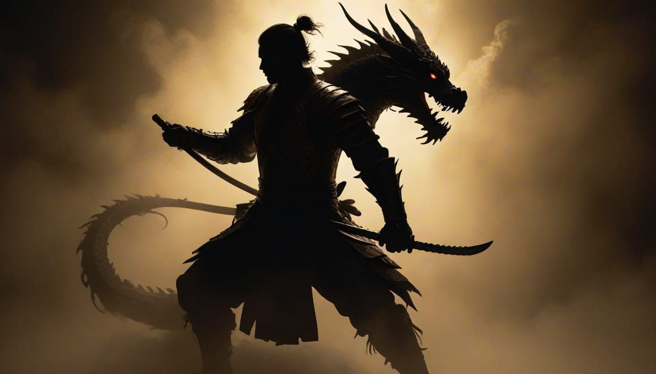 Ethereal Samurai Battles Golden Dragon in Misty Chiaroscuro