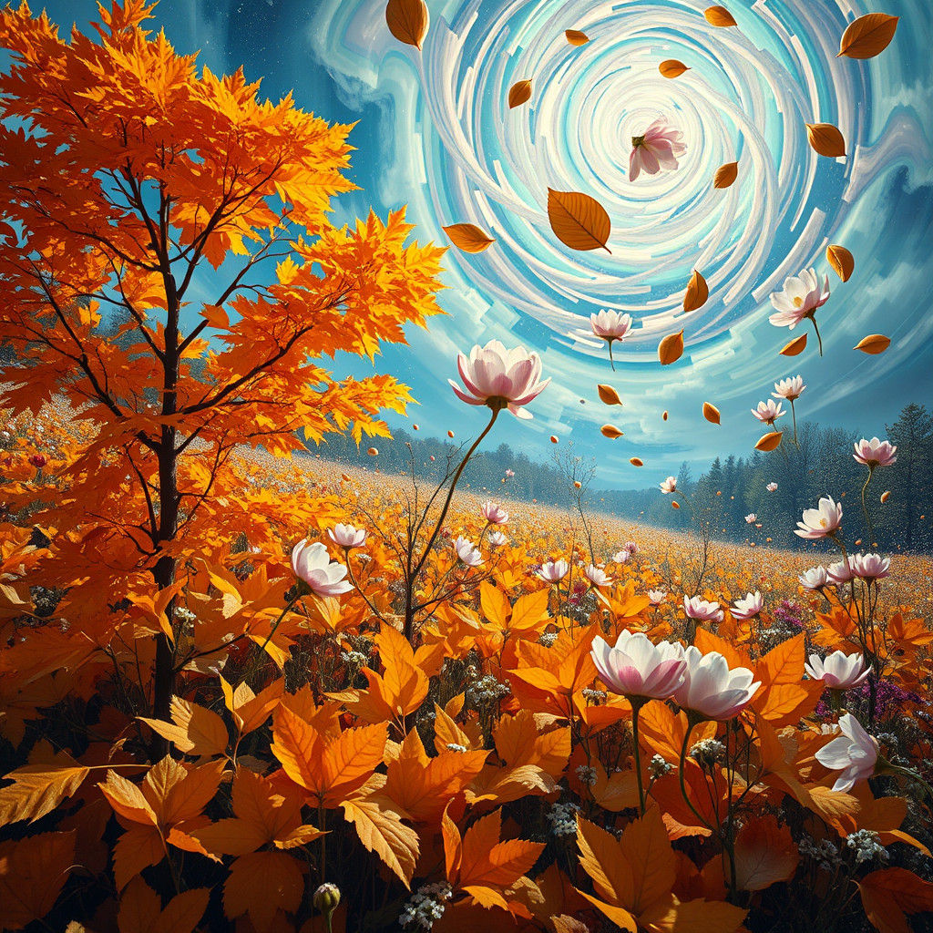 Cosmic Surrealism: Autumn Leaves and Spring Flowers