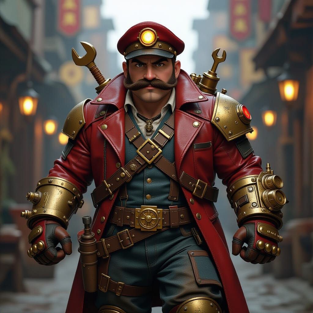 Steampunk Mario: Rugged Engineer with Steam Gauntlet