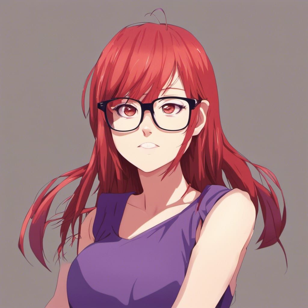 Anime Style Girl with Red Hair and Glasses