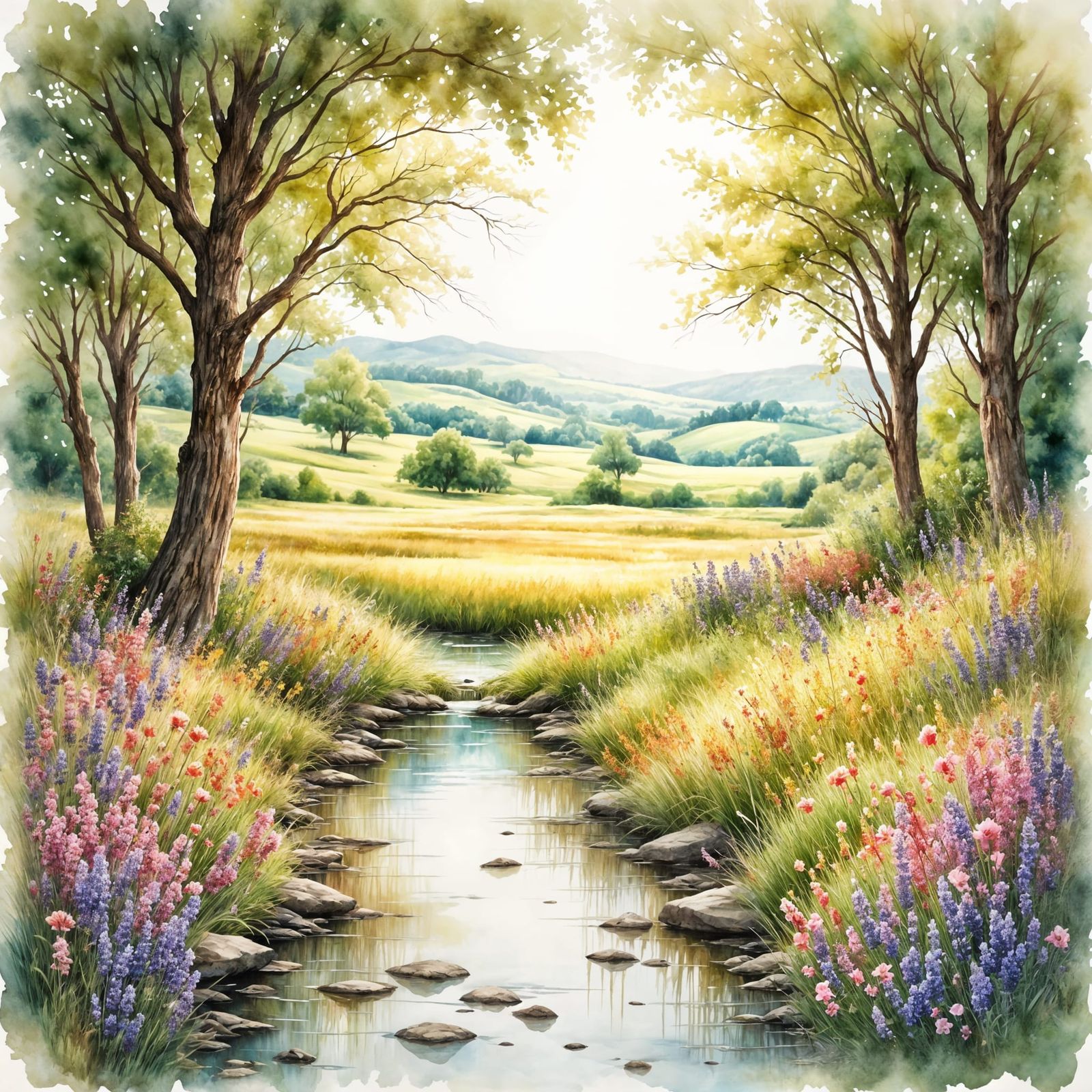Sun-Dappled Oasis in Antique Watercolor Style