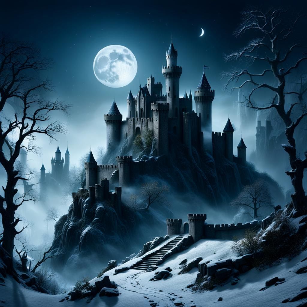 Ruined Castle in Winter Fog: 3D Photorealistic Scene