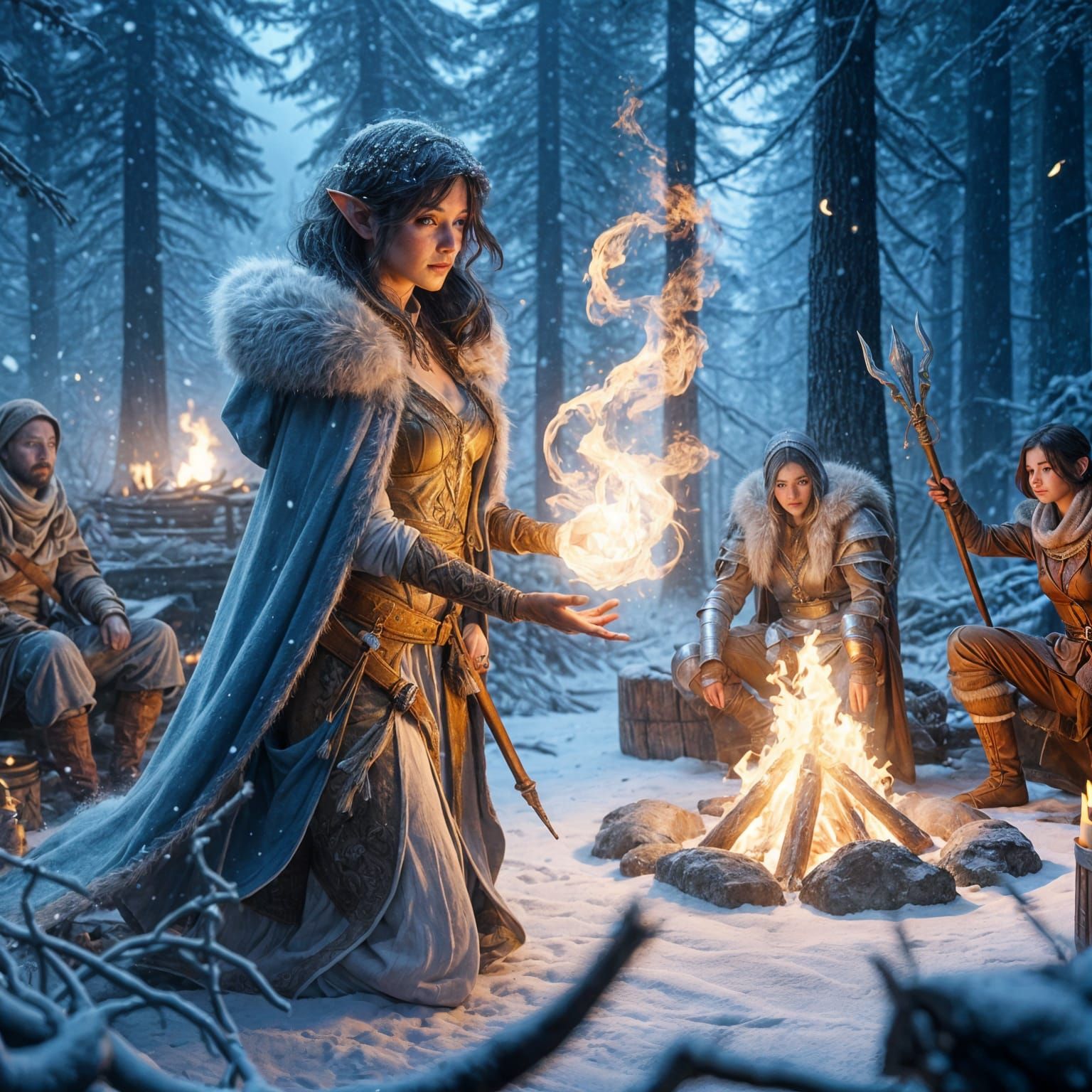 Xetha tending to a fire with blizzard winds trying to exting...