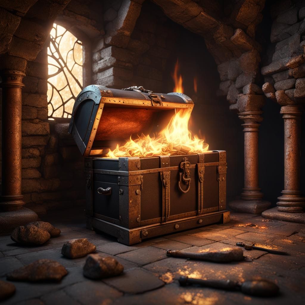 Realistic Treasure Chest in Stone Room, Fantasy Art