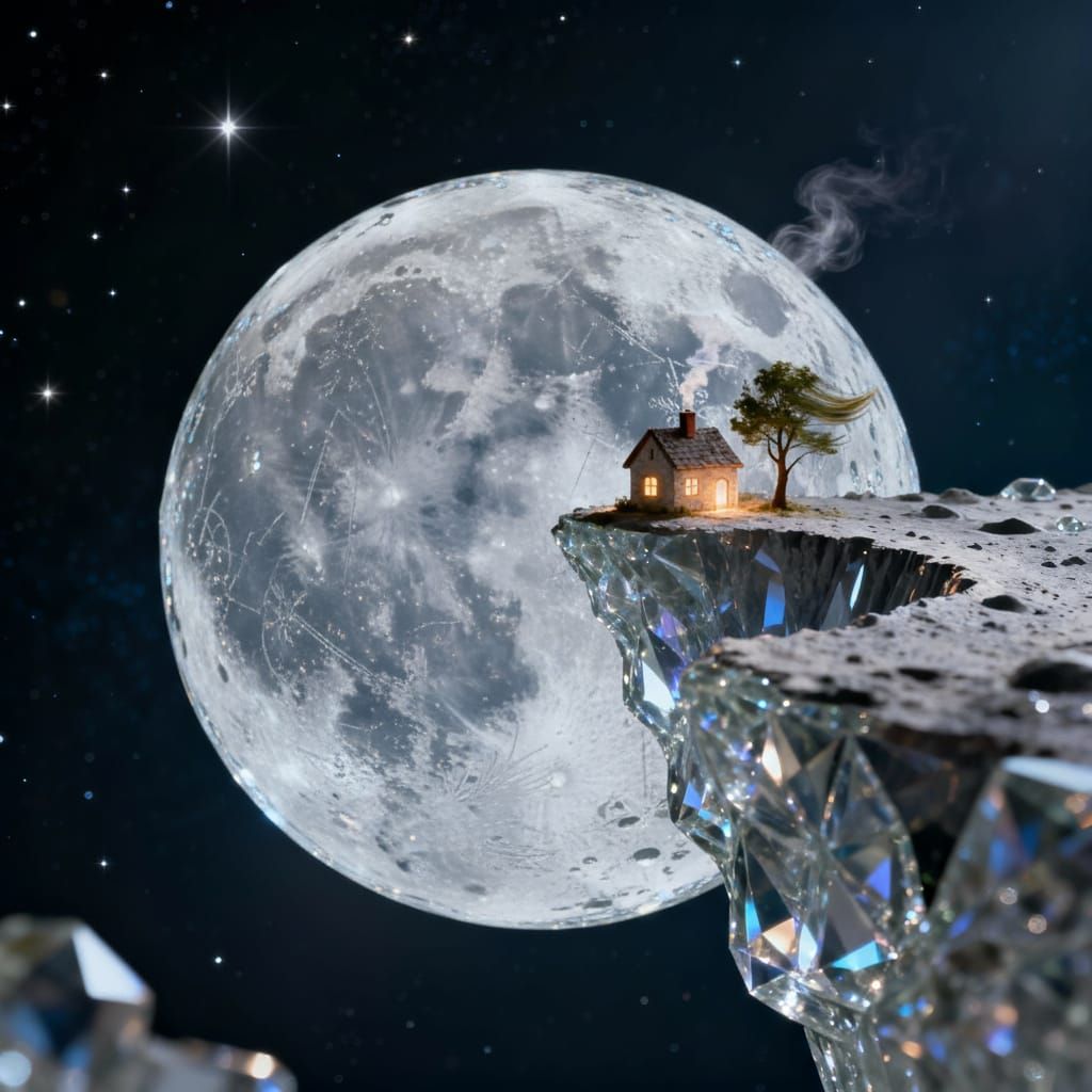 Glass Moon With Cozy House In Surreal Space
