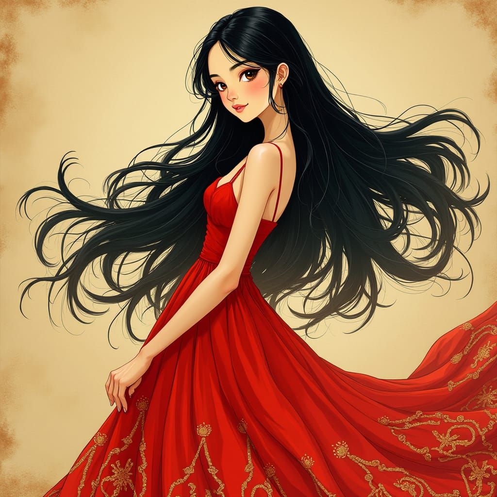 Asian Girl in Red Dress, Art Nouveau Illustration
