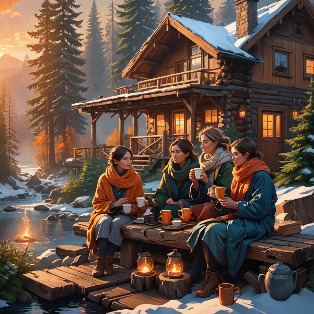 Cozy Cabin Sunset: A Digital Painting of Winter Coffee