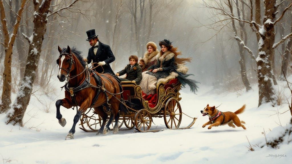 Victorian Family's Joyful Horse-Drawn Sleigh Ride through Wi...