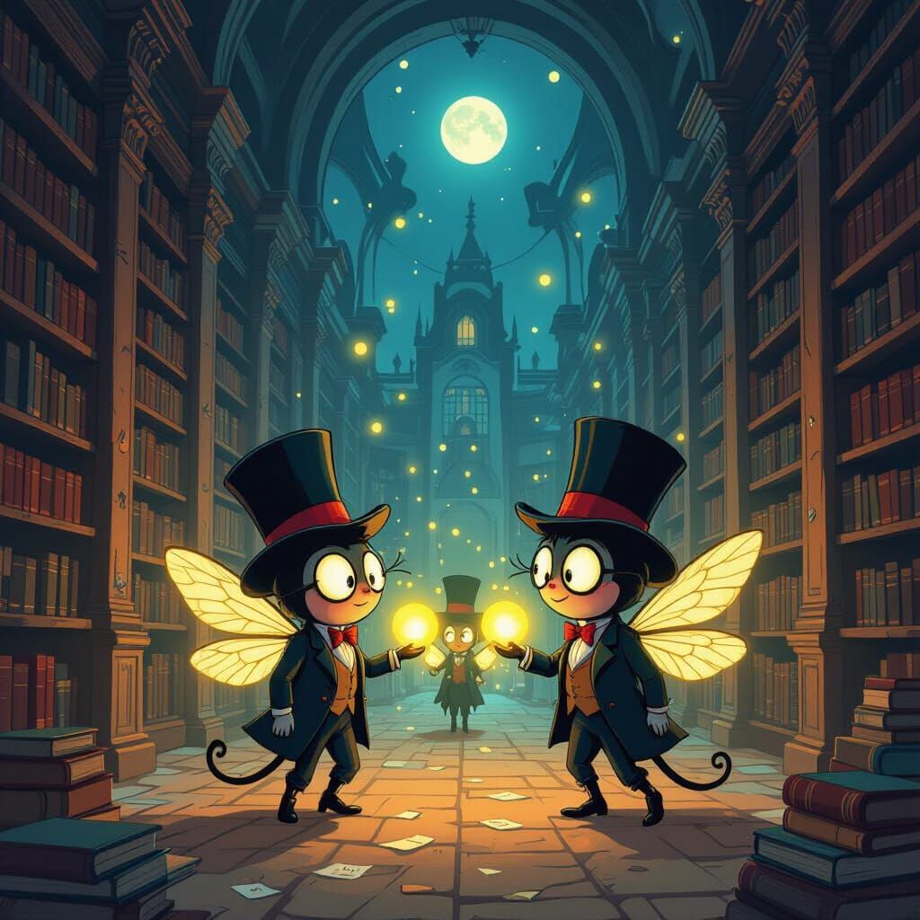 Fireflies in a Library: Cartoon Style Illustration