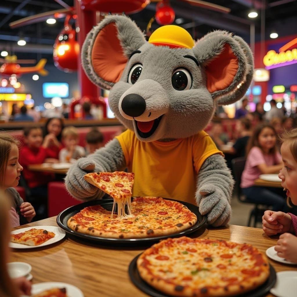 Mouse Mascot's Pizza Party in Hyperrealistic Style