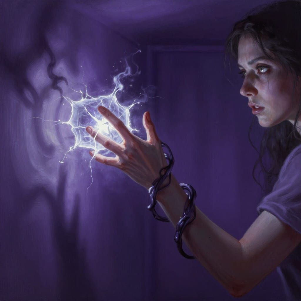 Cosmic Horror Beckons: Woman Reaches for Fracturing Object