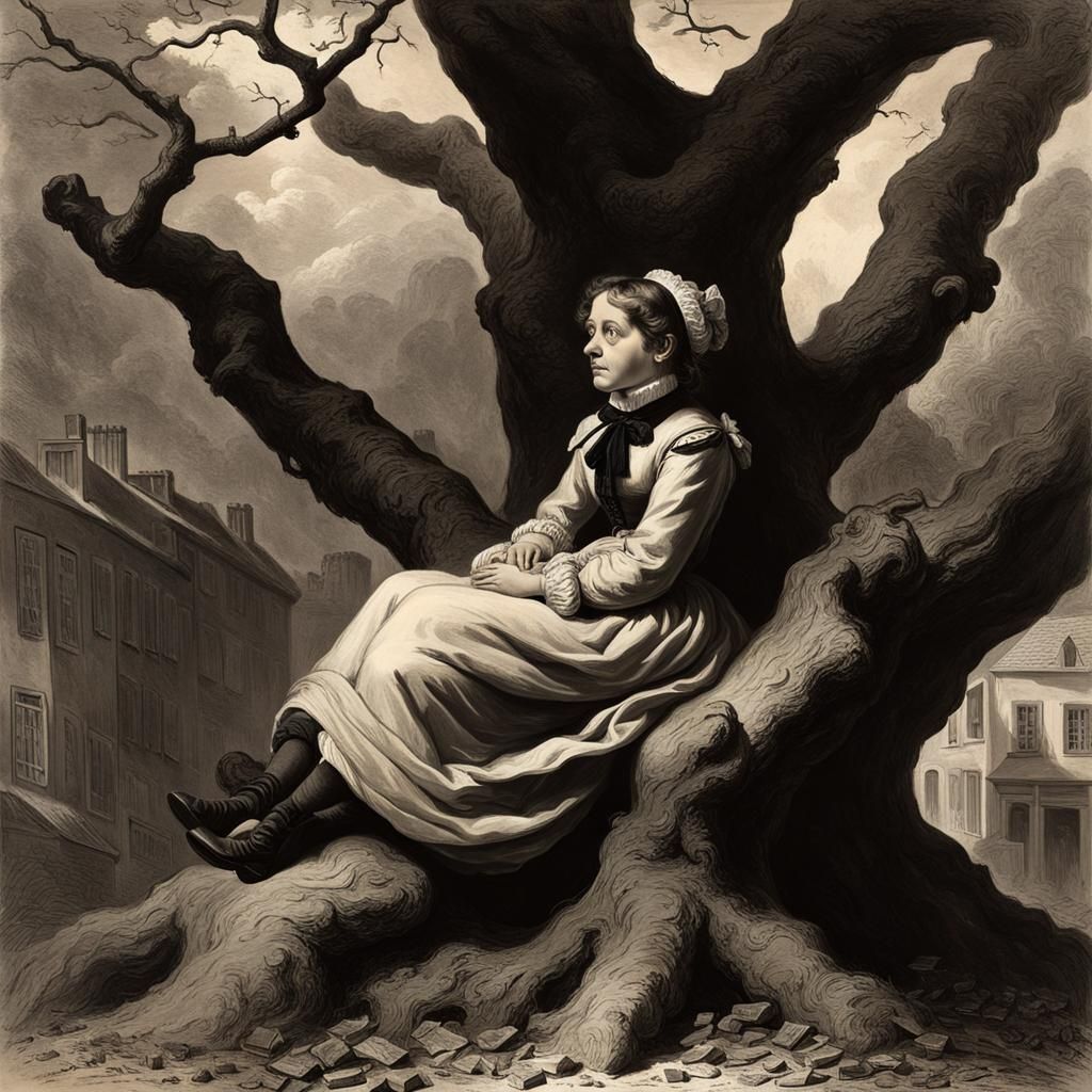 Satirical Caricature of Girl on Tree in Monochromatic Style