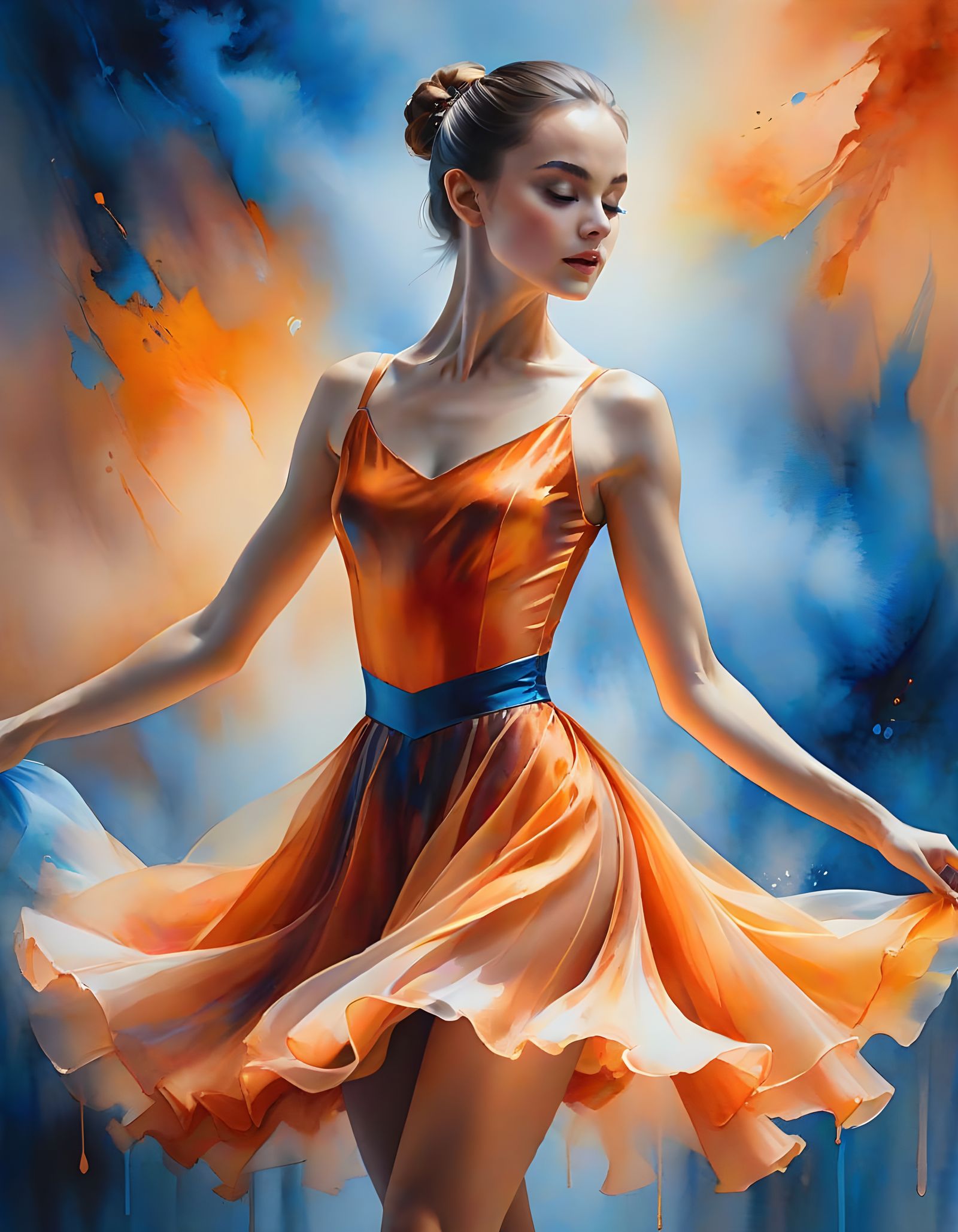Colorful Watercolor Ballet Dancer in Blue and Orange