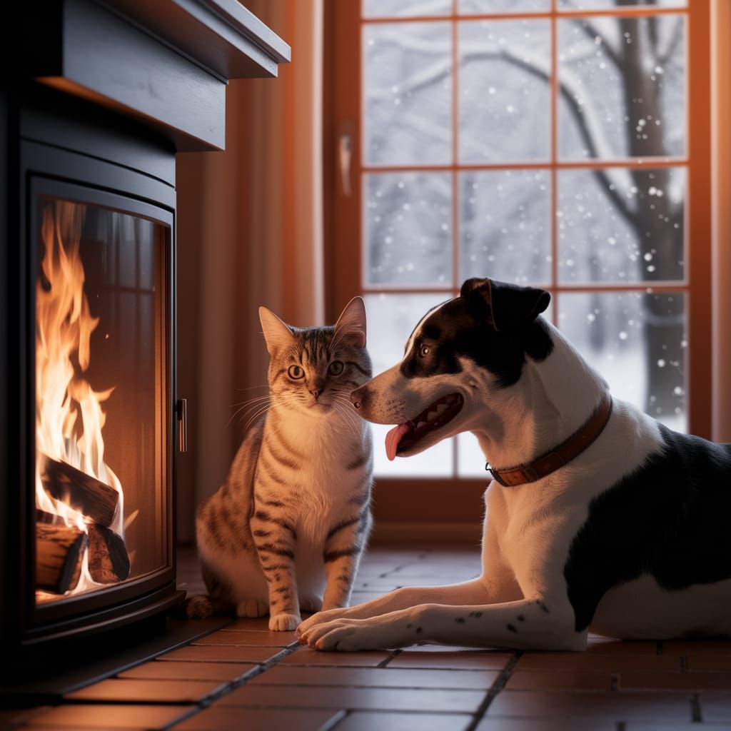 Cozy Winter Scene: Cat and Dog by Fireplace
