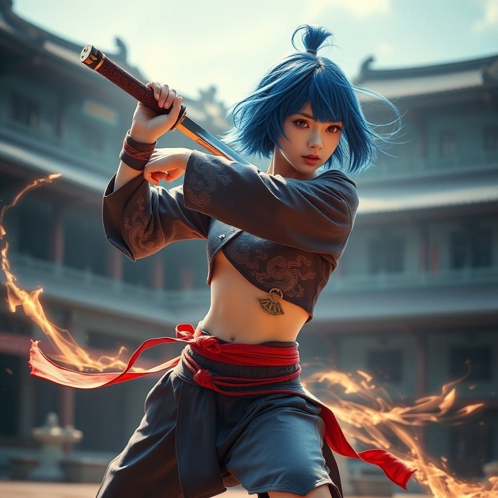 Blue-Haired Martial Artist Performs Sword Dance